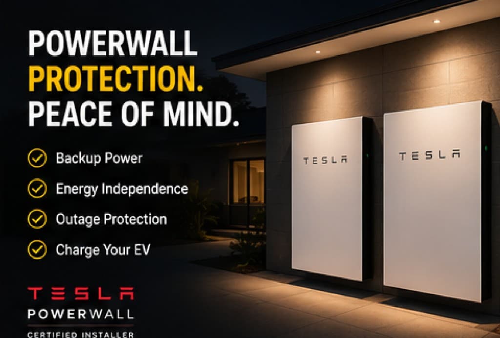 Tesla Powerwall ad creative: backup power, energy independence, outage protection, and EV charging—certified installer.
